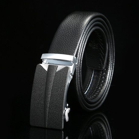 Arrow Adjustable Buckle Leather Belt // Black + Silver