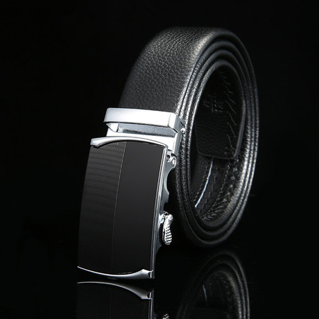 Bi-Textured Adjustable Buckle Leather Belt // Black + Silver