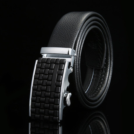 Weave Adjustable Buckle Leather Belt // Black + Silver