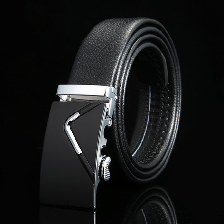 Stealth Adjustable Buckle Leather Belt // Black + Silver