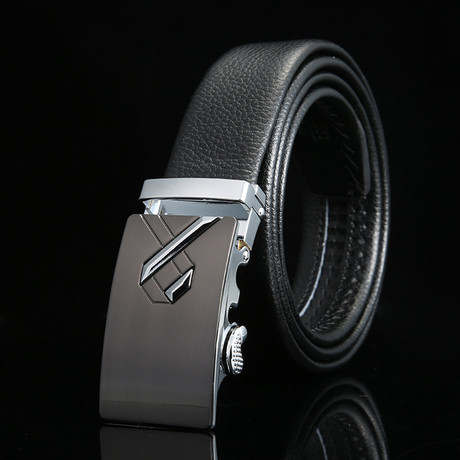 Ribbon Adjustable Buckle Leather Belt // Black + Silver