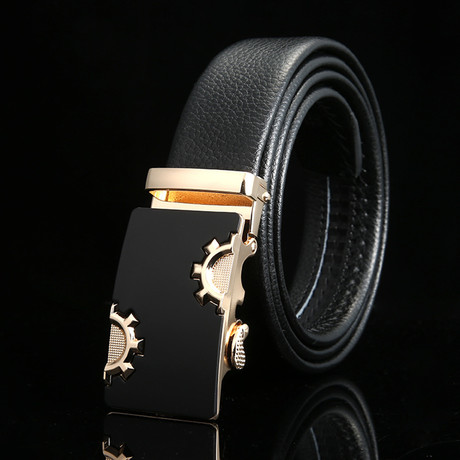 Gears Adjustable Buckle Leather Belt // Black + Gold