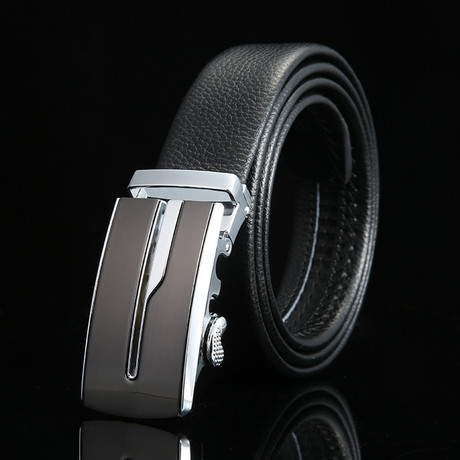 Divide Adjustable Buckle Leather Belt // Gunmetal + Silver