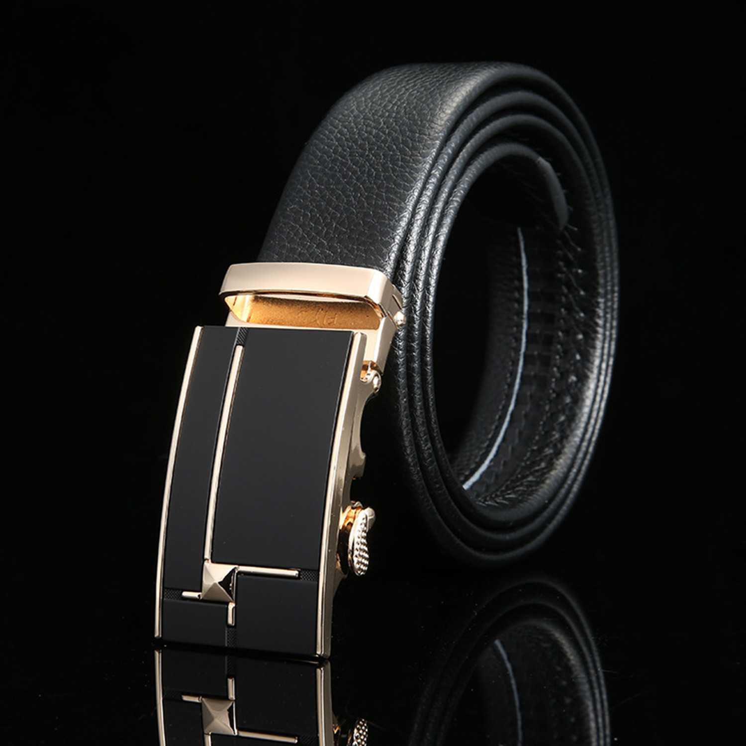 Square Stud Adjustable Buckle Leather Belt // Black + Gold - Blanc ...