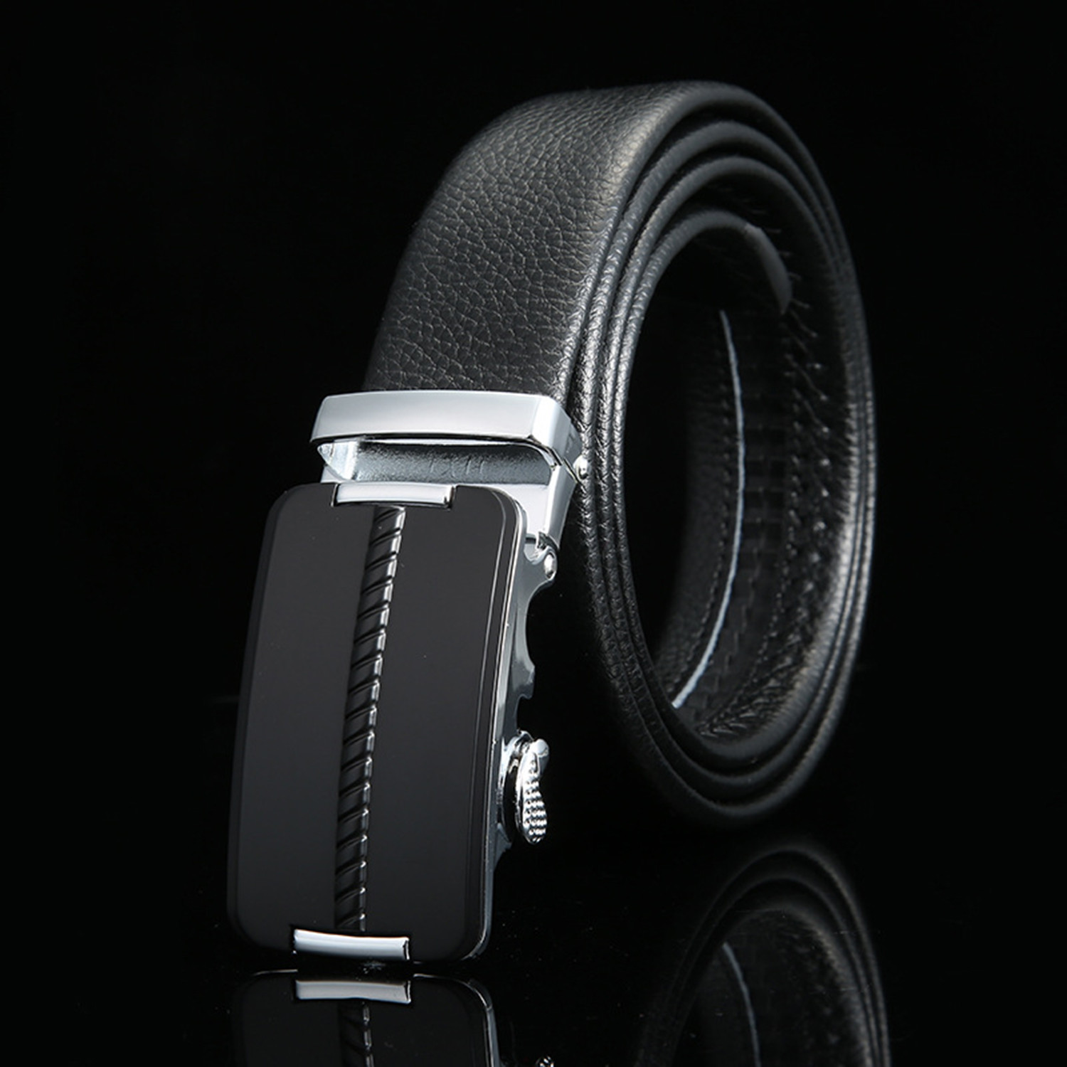 Diagonal Pattern Adjustable Buckle Leather Belt // Black + Silver ...