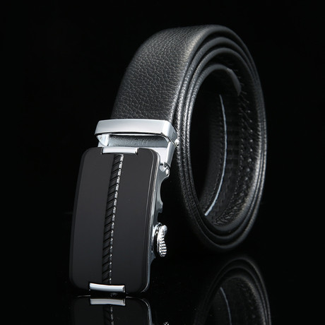 Diagonal Pattern Adjustable Buckle Leather Belt // Black + Silver