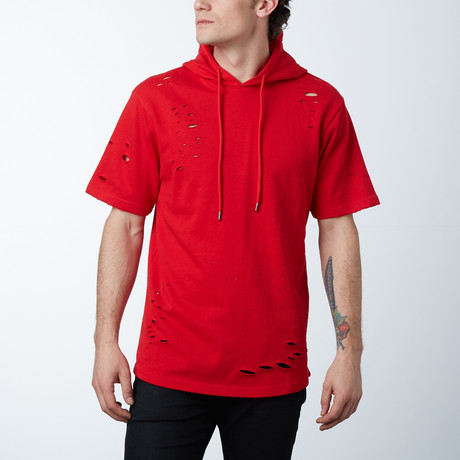 Mens Hooded Thrasher Scallop Bottom Pullover // Red (S)
