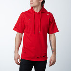 Mens Hooded Thrasher Scallop Bottom Pullover // Red (S)