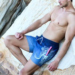 Astro Elephant Swim Short // Navy + Aqua + Pink (L)