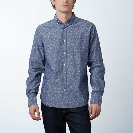 Panda Print Long Sleeve Modern Fit Shirt // Blue (S)