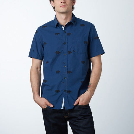 Long-Sleeve Woven Pocket Bear Shirt // Navy (S)