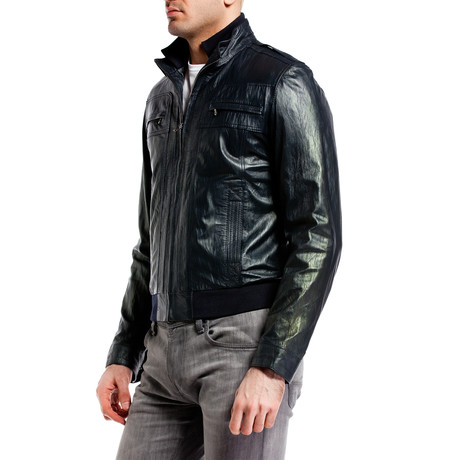 Double Zip Pocket Leather Jacket // Navy (XS)