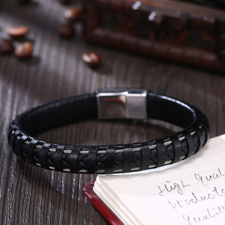 Silver Coil Inlay Leather Bracelet