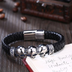Three Skulls Black Leather Bracelet