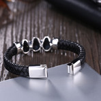 Three Skulls Black Leather Bracelet