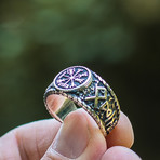 Vegvisir + Hail Odin Runes Ring (9.5)