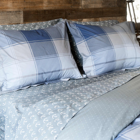 Madras Plaid Cotton Percale Duvet Cover // Blue + Charcoal (Full / Queen)