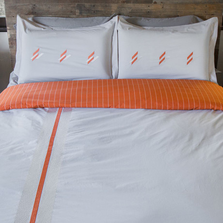Embroidered Stripe Print Cotton Percale Duvet Cover // Grey + Orange (Full / Queen)
