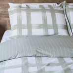 Brushstroke Grid Printed Percale Cotton Duvet Cover // Sage Green (Full / Queen)