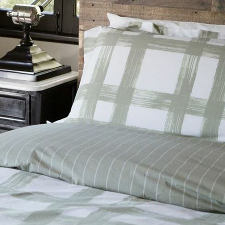 Brushstroke Grid Printed Percale Cotton Duvet Cover // Sage Green (Full / Queen)