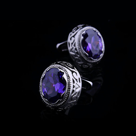 Exclusive Cufflinks + Gift Box // Silver + Big Purple Stone (OS)