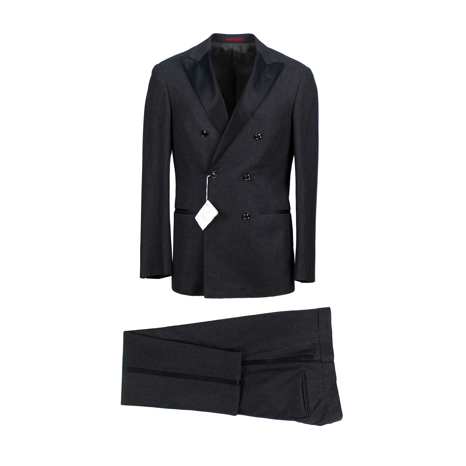 Flannel Wool Satin Trim Double Breasted Tuxedo Suit // Gray (Euro: 48 ...