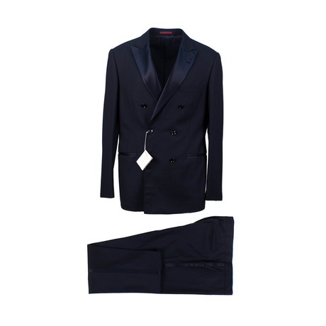 Wool Blend Satin Trim Double Breasted Tuxedo Suit // Blue (Euro: 48)