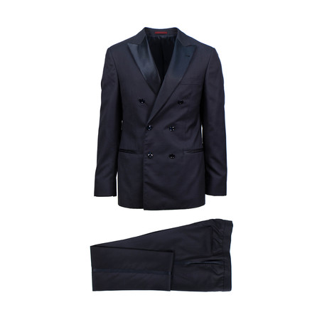 Cashmere Silk Satin Trim Double Breasted Tuxedo Suit // Blue (Euro: 48)