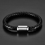 Brushed Finish Steel + Braided Leather Bracelet // Black + Silver