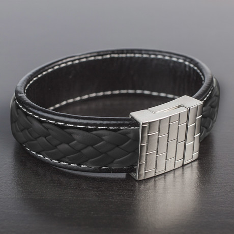 Woven Leather Bracelet // Black + Silver