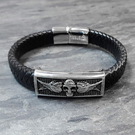 Skull ID Braided Leather Bracelet // Black + Silver