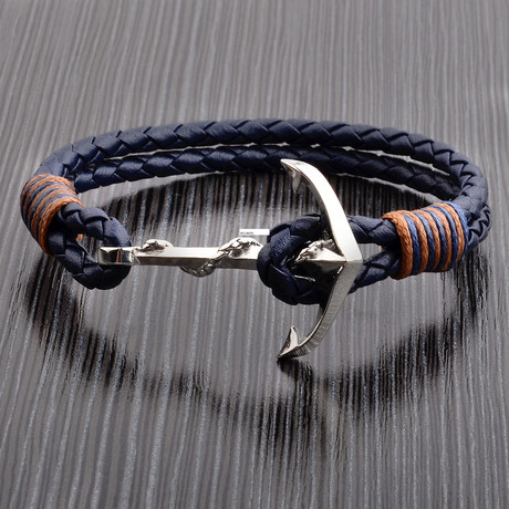 Anchor Blue Double Braided Leather Bracelet