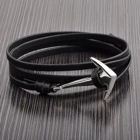 Black Leather Anchor Wrap Bracelet