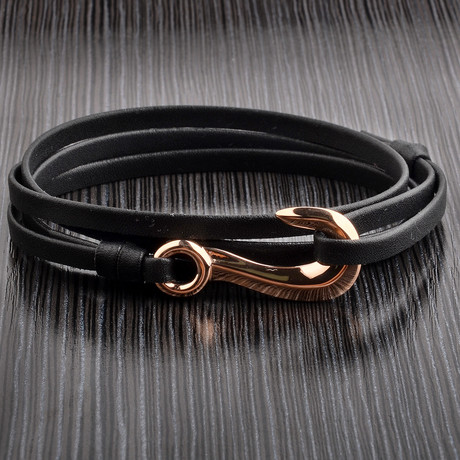 Black Leather + Rose Gold Hook Wrap Bracelet