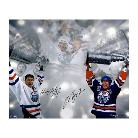Wayne Gretzky + Mark Messier Dual Signed Edmonton Oilers Stanley Cup Photo