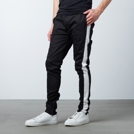 Striped Twill Track Pants + Piping // Black + White (S)