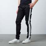 Striped Twill Track Pants + Piping // Black + White (M)