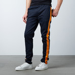 Striped Twill Track Pants + Piping // Navy + Orange (L)