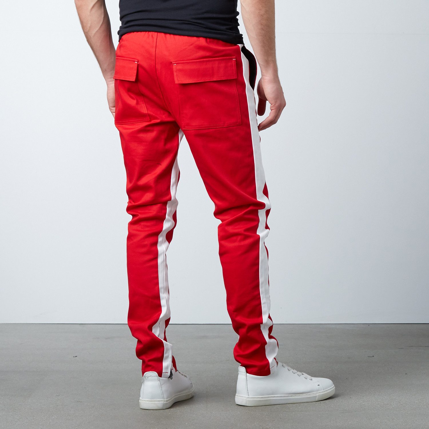 Red track pants on sale with white stripe