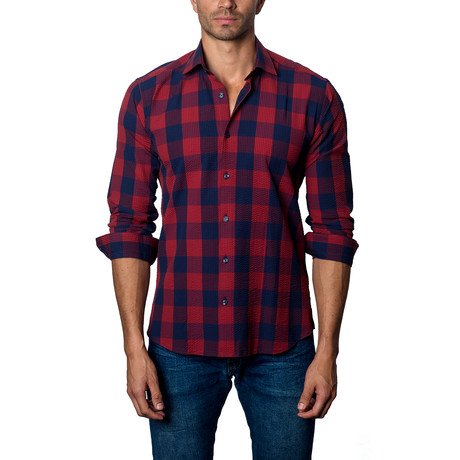 Woven Button-Up // Burgundy + Navy (S)