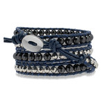 Hematite Bead + Blue Leather Bracelet