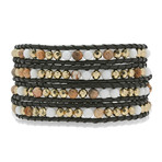 Golden Sun Beads + Black Leather Bracelet