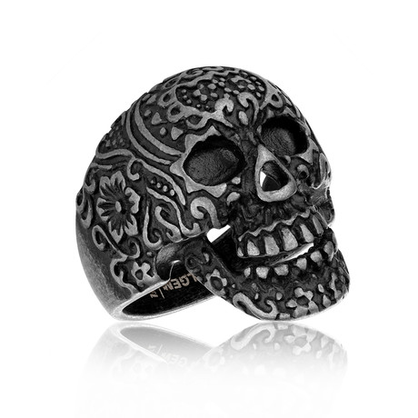 Gun Metal Detailed Skull Ring (Size 8)