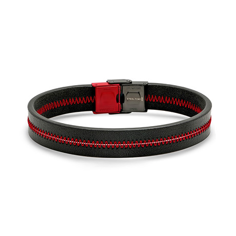 Leather + Chain Link Inlay Red Cross Thread Bracelet