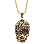 Pendant // 18K Gold Plated Stainless Steel Skull With Black Simulated Diamonds