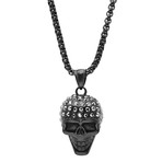 Steel Skull Head Pendant + Black Simulated Diamonds