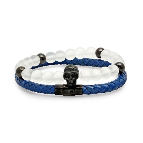 Braided Leather Bracelets + Steel Skull // Set Of 2