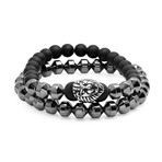 Black Lava + Hematite Beaded Bracelet + Stainless Steel Lion // Set Of 2