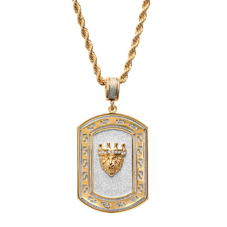 Gold Plated Blast Lion Dog Tag Pendant + Greek Key Accent