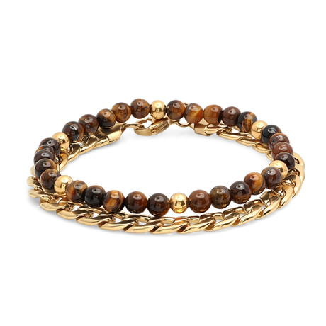 Tiger Eye Bead + Gold Plated Cuban Chain Link Bracelets // Set Of 2